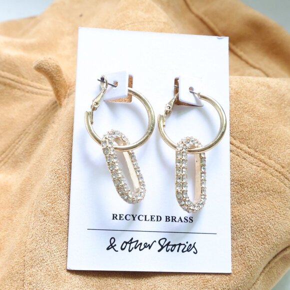 & Other Stories Gold Crystal Oval Dangle Hoop Earrings Chic - Picture 1 of 2